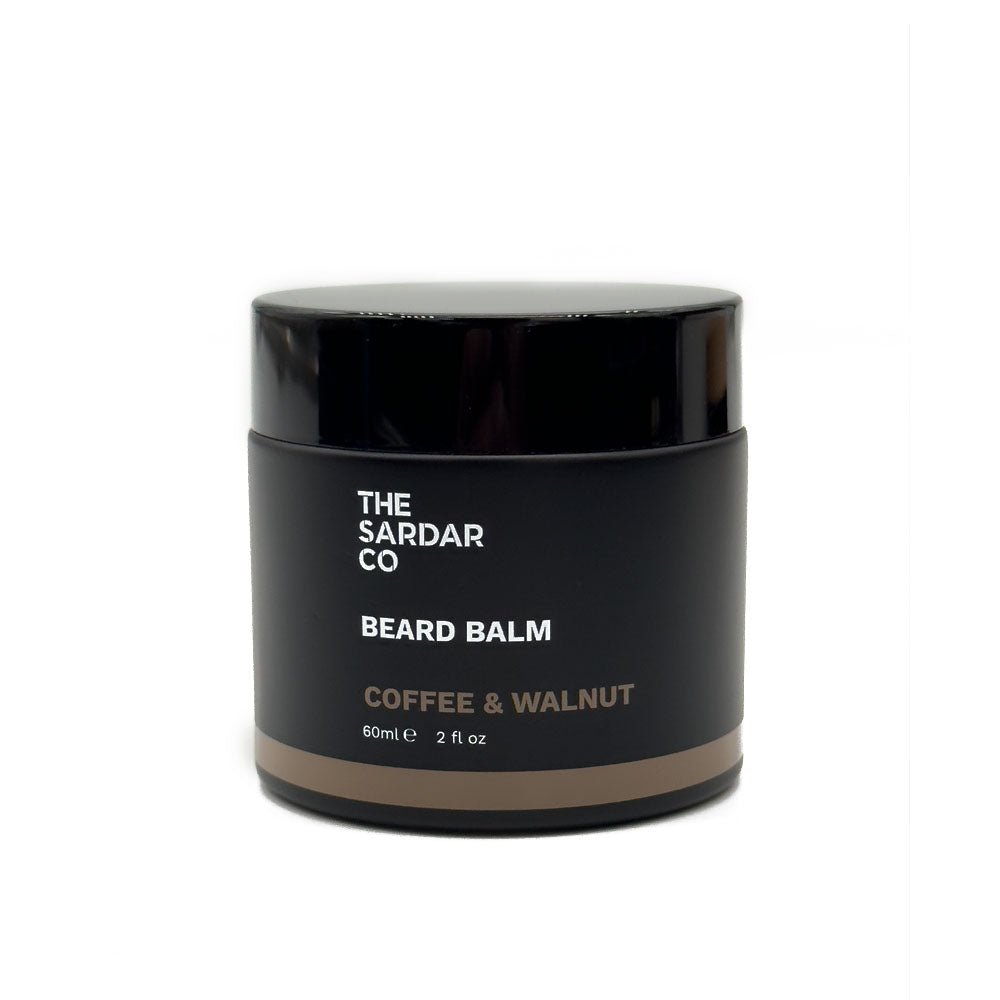 Black jar of The Sardar Co beard balm with 'Coffee & Walnut' scent on a white background