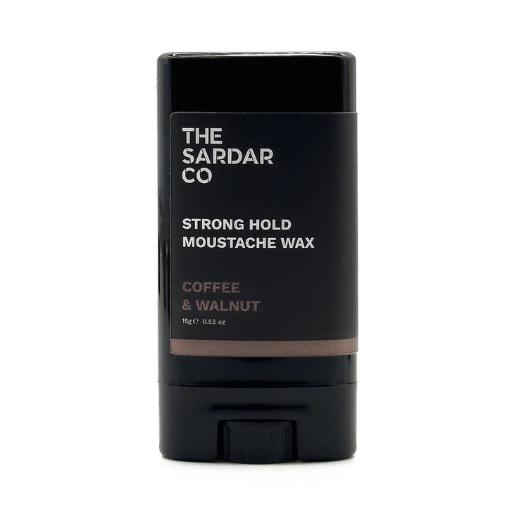 A black rectangular stick of The Sardar Co Strong Hold Moustache Wax in Coffee &amp; Walnut scent, shown on a plain white background.