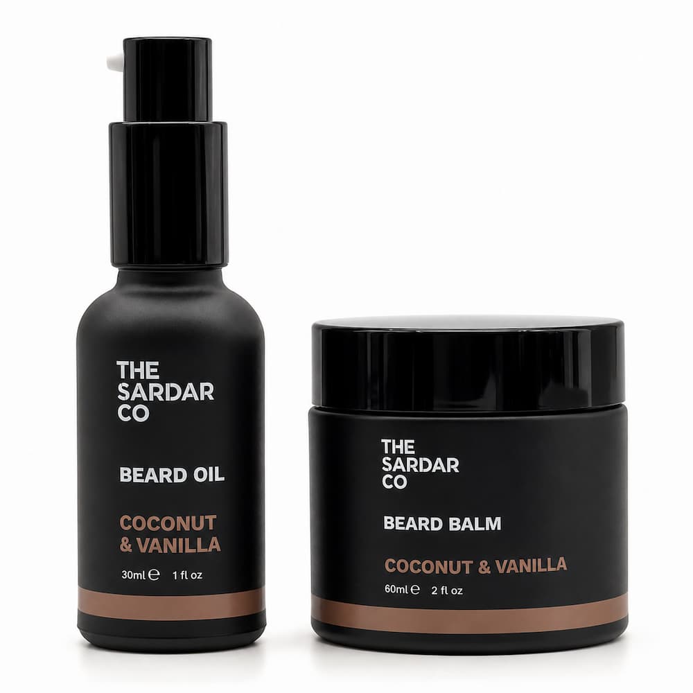 The Sardar Co Beard Oil and Beard Balm set in matte black bottles and jars with white and bronze text, on a clean white background.