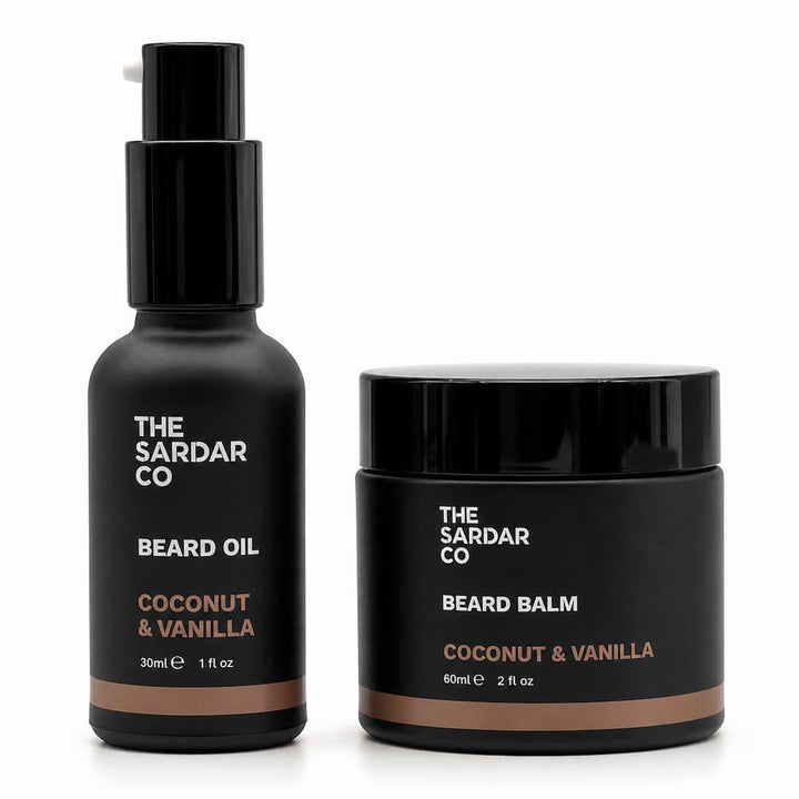 The Sardar Co Beard Oil and Beard Balm set in matte black bottles and jars with white and bronze text, on a clean white background.