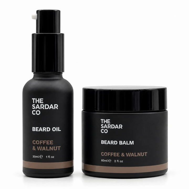 The Sardar Co Beard Oil and Beard Balm set in black bottles and jars with white and brown text, on a clean white background.