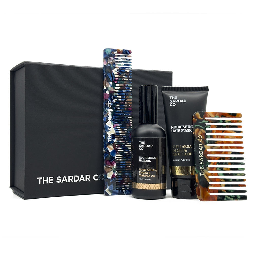 hair care products in a gift set neatly laid out