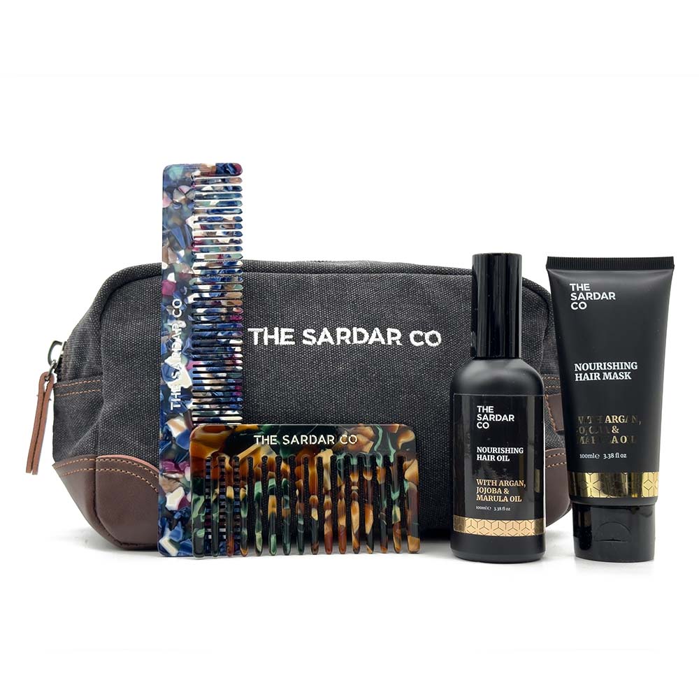 Hair care travel kit from The Sardar Co include acetate hair comb, detanger comb, hair oil, hair mask and a travel bag