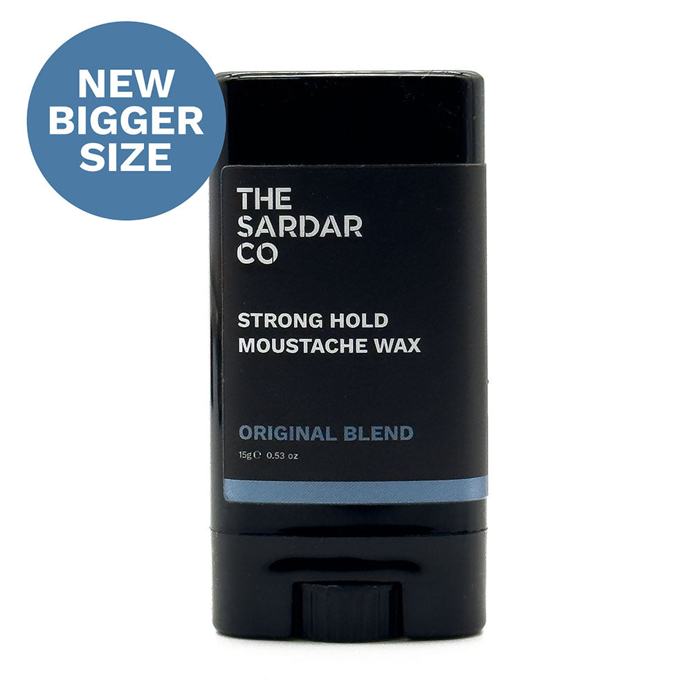 Black moustache wax stick with 'The Sardar Co' branding on a white background