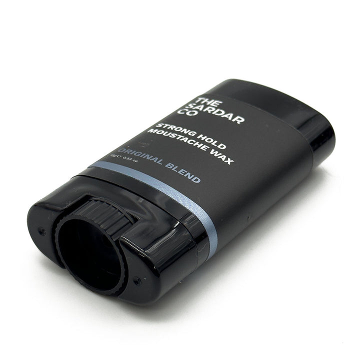 Black moustache wax container with text on a white background