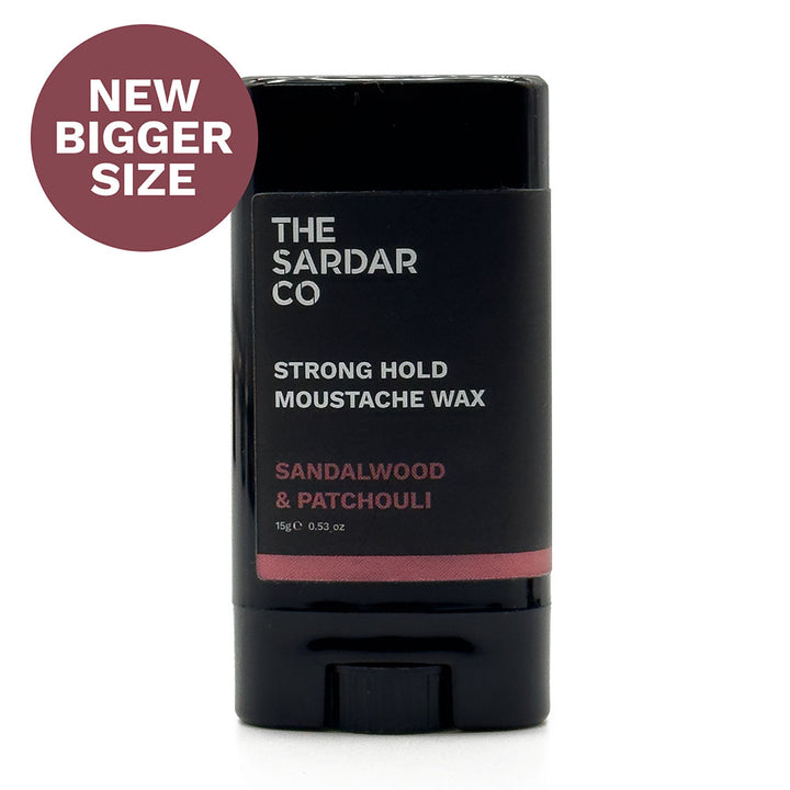 Moustache wax stick from The Sardar Co with sandalwood and patchouli scent on a white background