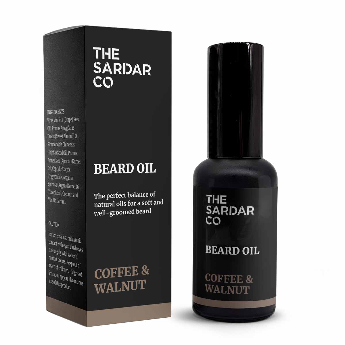 coffee and walnut beard oil with box