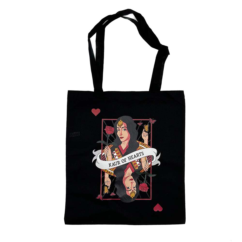 kaur of hearts print on black cotton tote bag