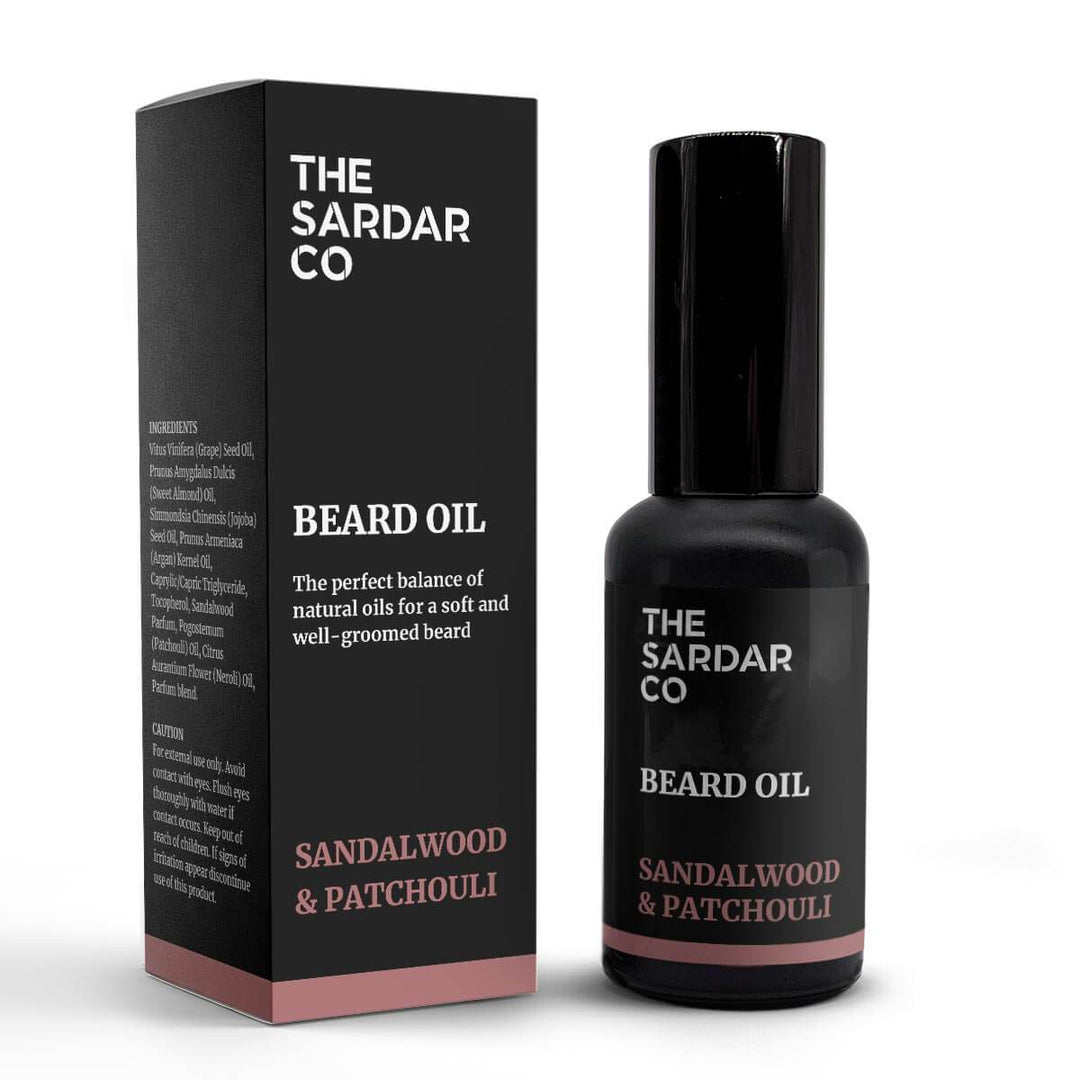 sandalwood &amp; patchouli beard oil packaging