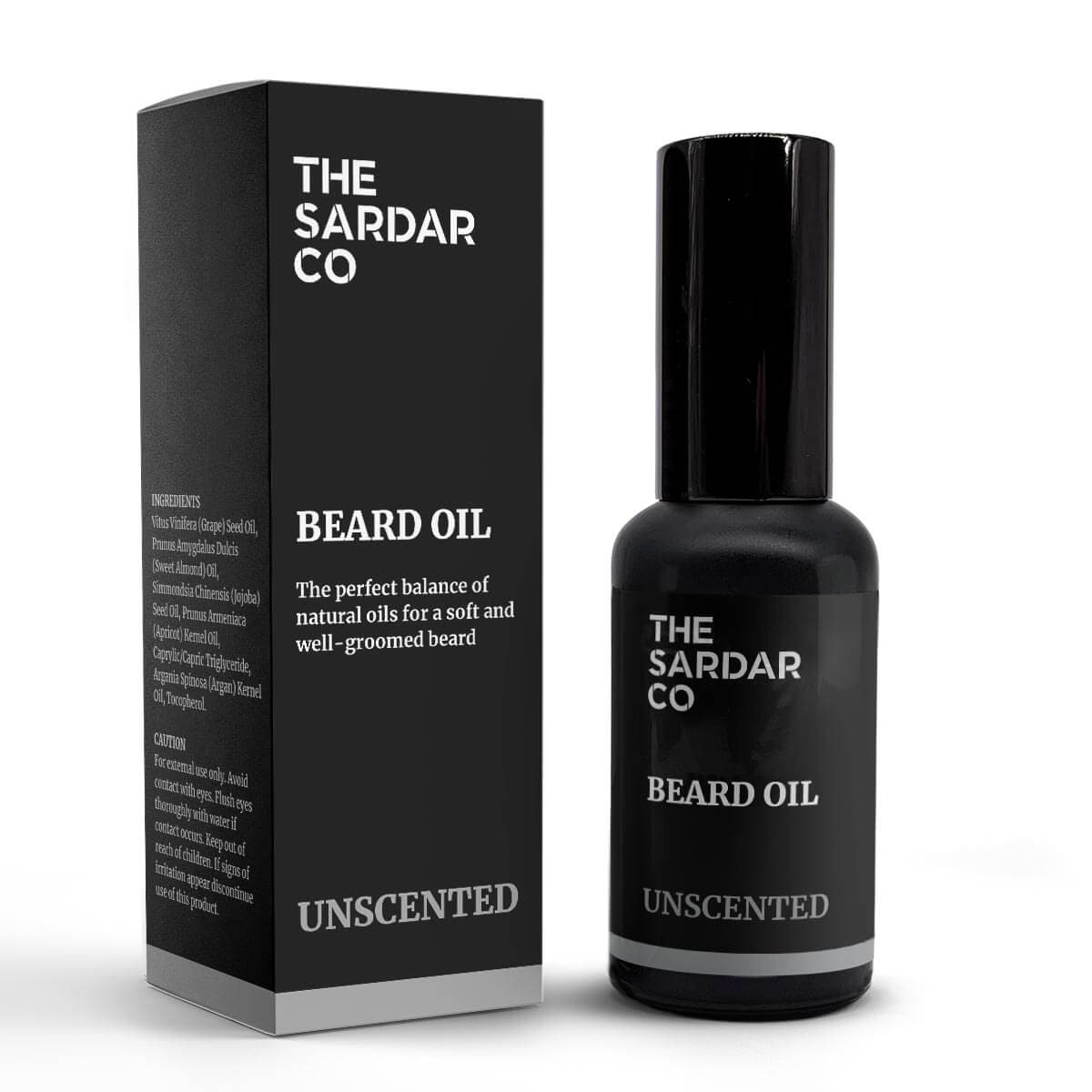 the sardar co unscented beard oil packaging